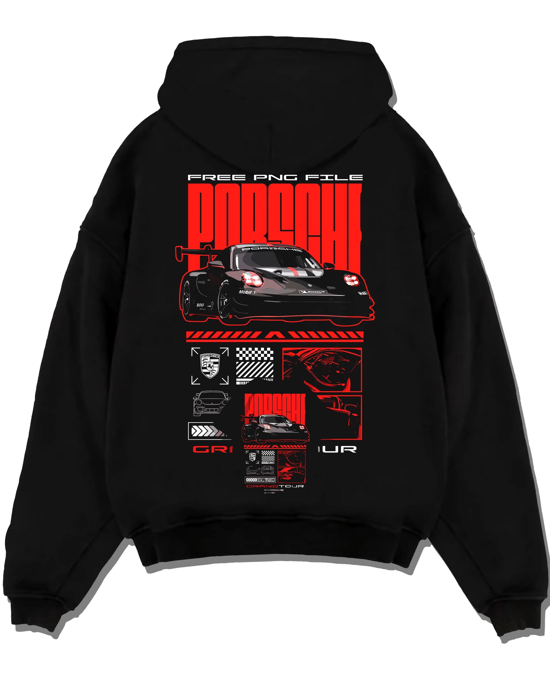 Black pullover hoodie laid flat on a white background, featuring Porsche rs racing race motorsport jdm german street graphic.