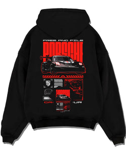 Black pullover hoodie laid flat on a white background, featuring Porsche rs racing race motorsport jdm german street graphic.