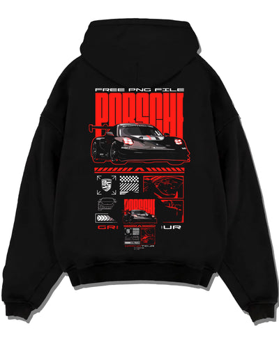 Black pullover hoodie laid flat on a white background, featuring Porsche rs racing race motorsport jdm german street graphic.