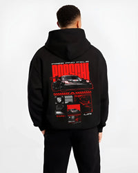 Black hoodie worn by a male model, back view, featuring Porsche rs racing race motorsport jdm german street graphic.