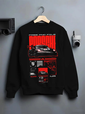 Black crewneck sweatshirt on a hanger against a grey wall, featuring Porsche rs racing race motorsport jdm german street graphic.