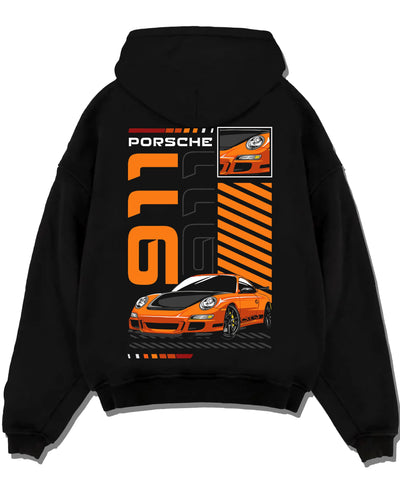 Black pullover hoodie laid flat on a white background, featuring Porsche 911 Turbo rs 911 turbo racing jdm euro street graphic.