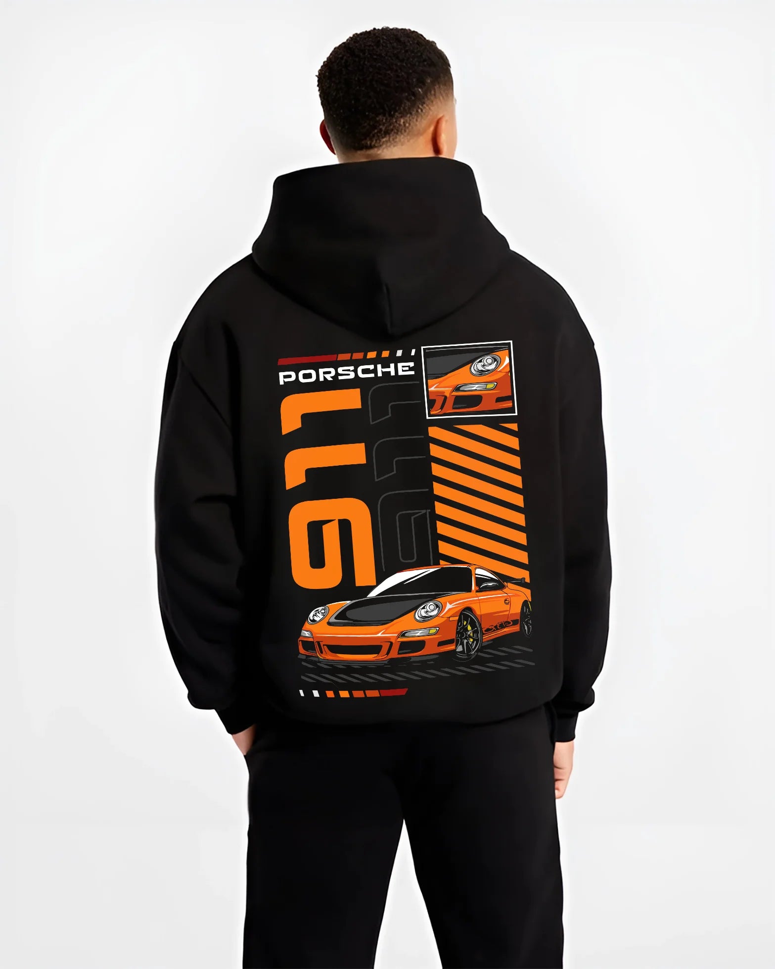 Black hoodie worn by a male model, back view, featuring Porsche 911 Turbo rs 911 turbo racing jdm euro street graphic.