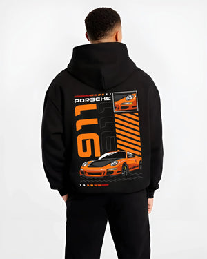 Black hoodie worn by a male model, back view, featuring Porsche 911 Turbo rs 911 turbo racing jdm euro street graphic.