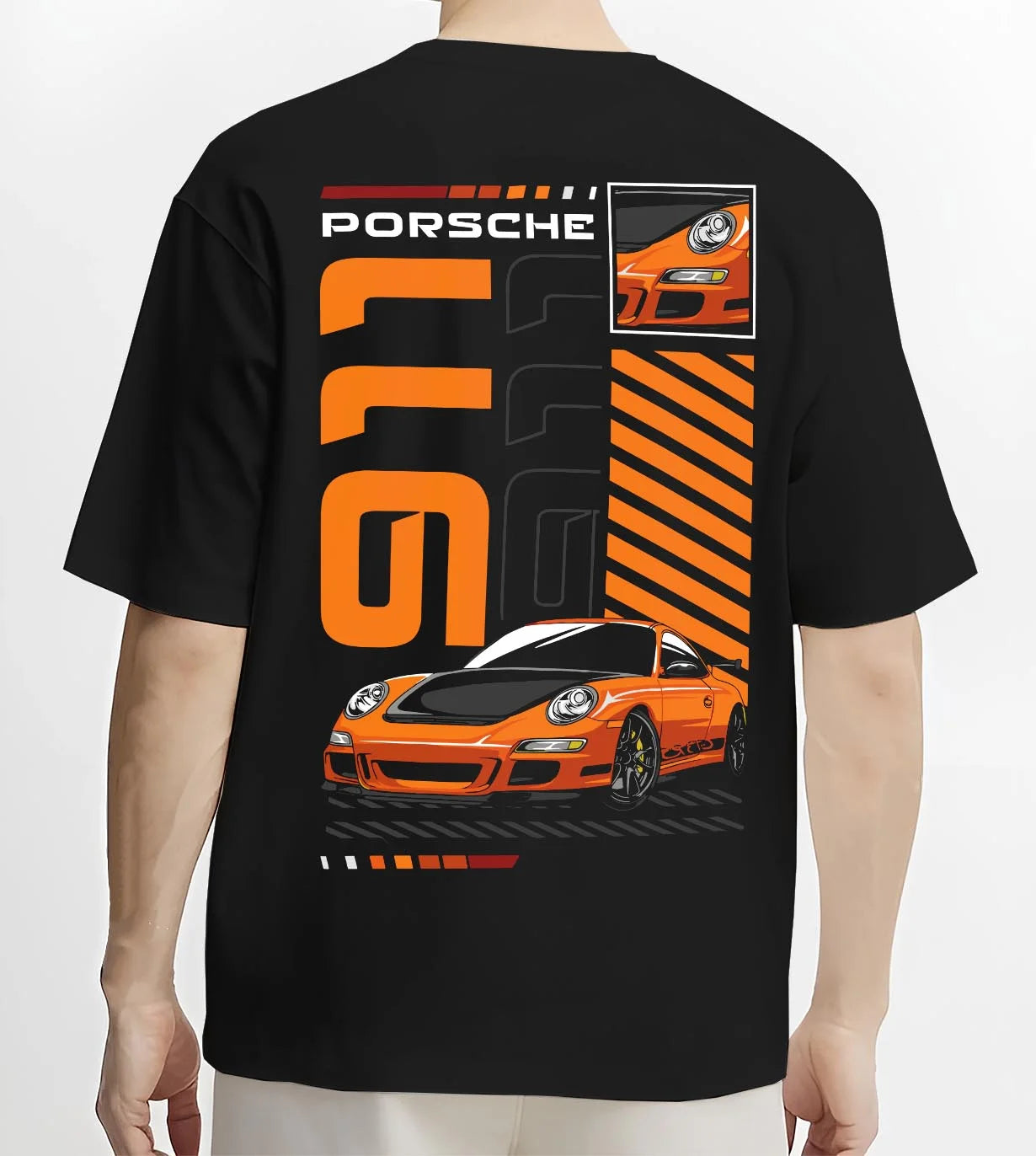 Black T-shirt worn by a male model, back view, featuring Porsche 911 Turbo rs 911 turbo racing jdm euro street graphic.