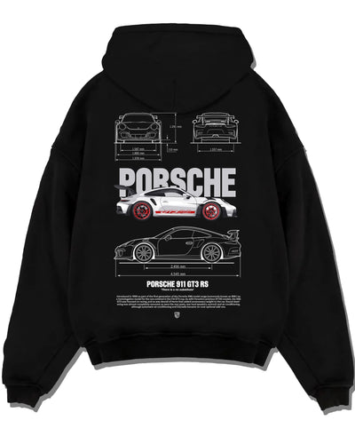 Black pullover hoodie laid flat on a white background, featuring Porsche Panamera rs turbo turbocharged racing german tuner graphic.