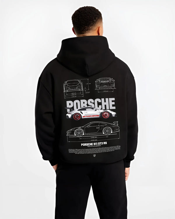 Black hoodie worn by a male model, back view, featuring Porsche Panamera rs turbo turbocharged racing german tuner street graphic.
