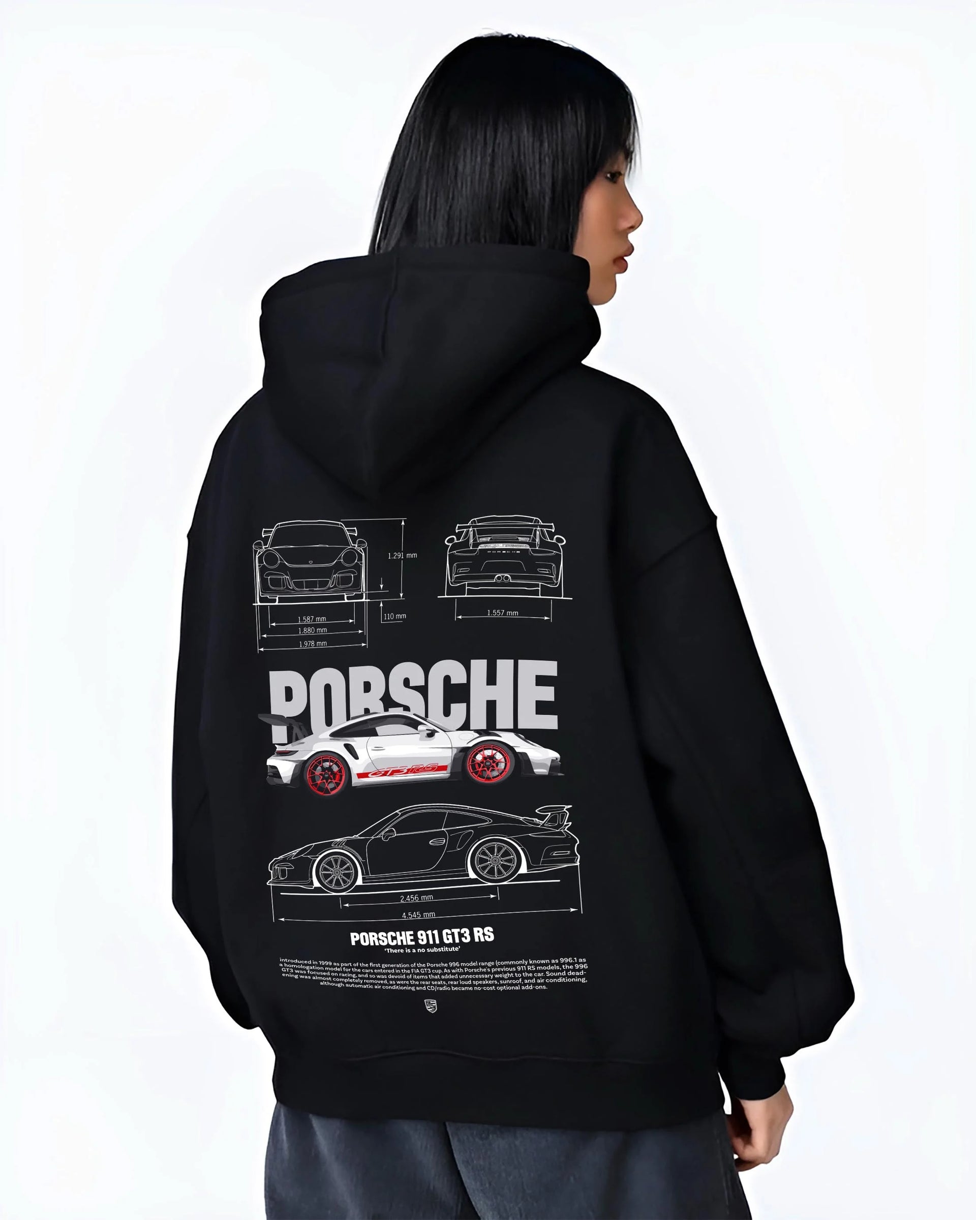 Black hoodie worn by a female model, back view, featuring Porsche Panamera rs turbo turbocharged racing german tuner street graphic.