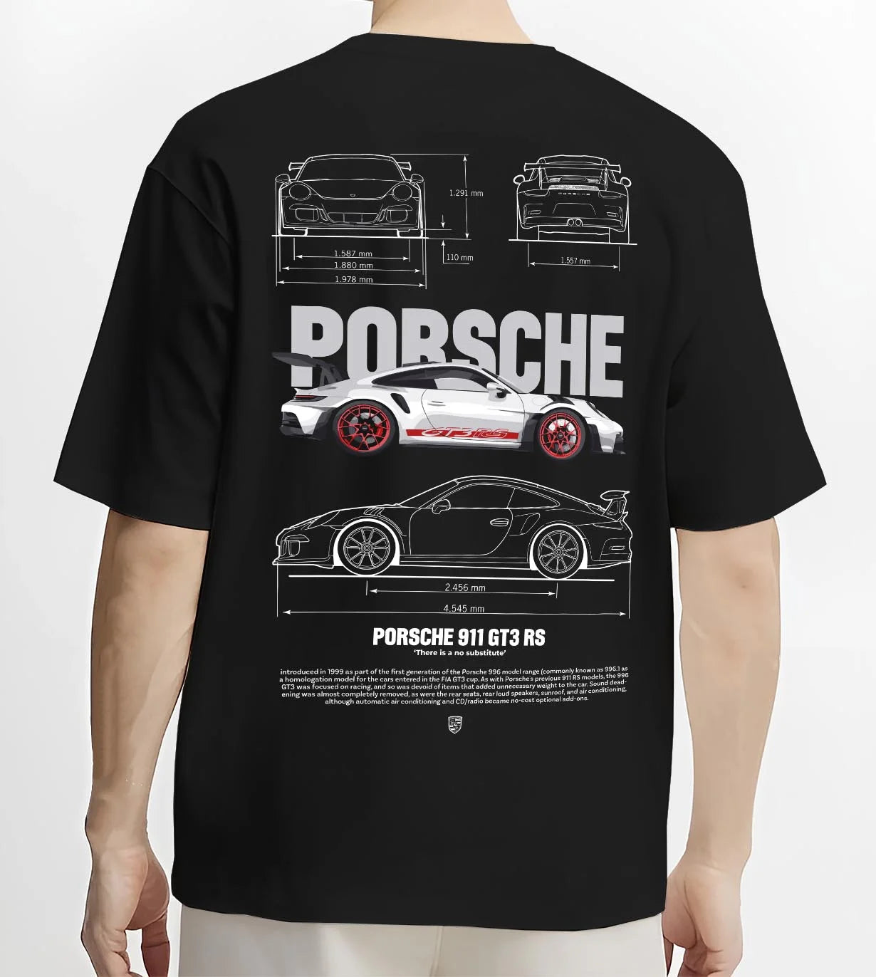 Black T-shirt worn by a male model, back view, featuring Porsche Panamera rs turbo turbocharged racing german tuner street graphic.