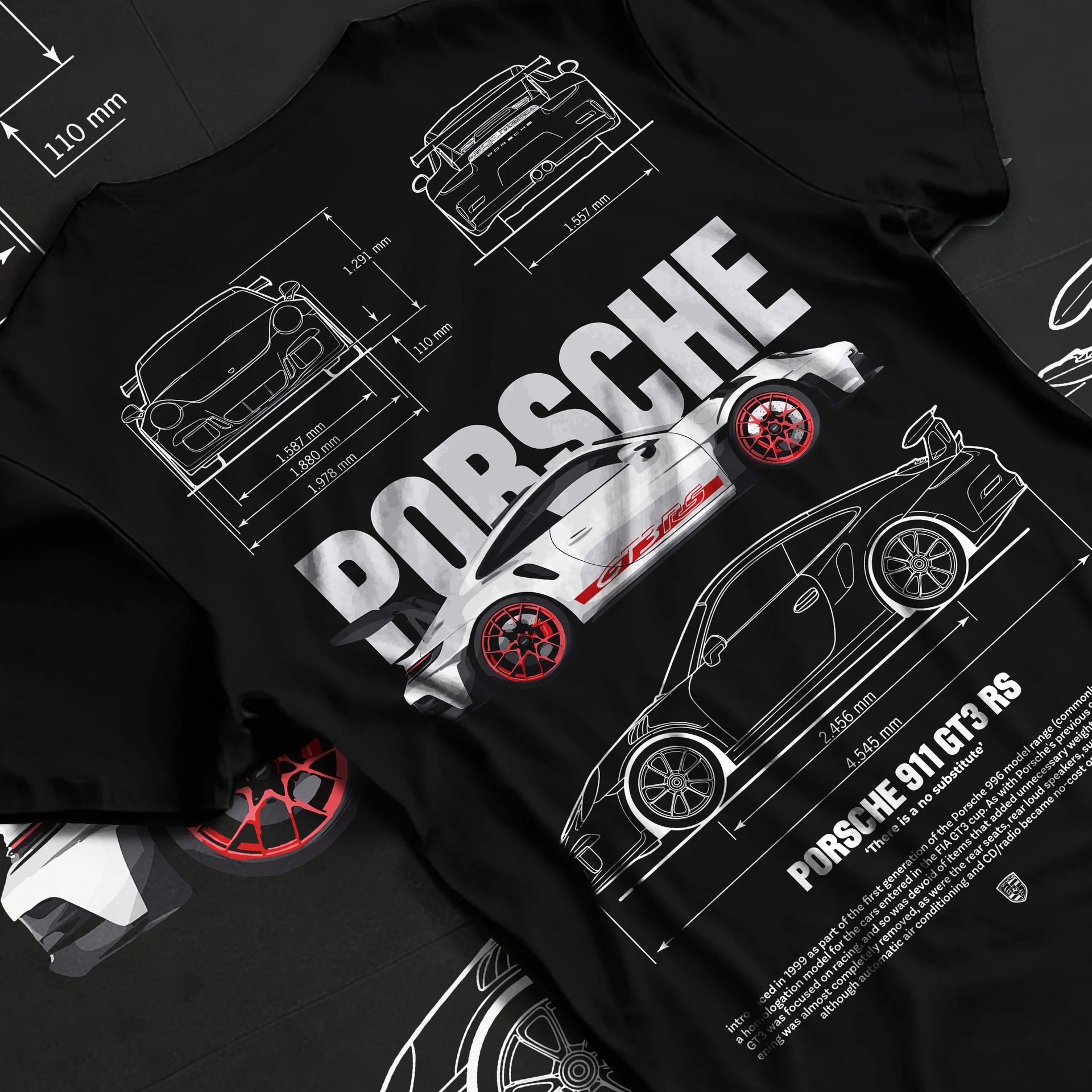 Black T-shirt laid flat with natural fabric folds, featuring Porsche Panamera rs turbo turbocharged racing german tuner graphic.
