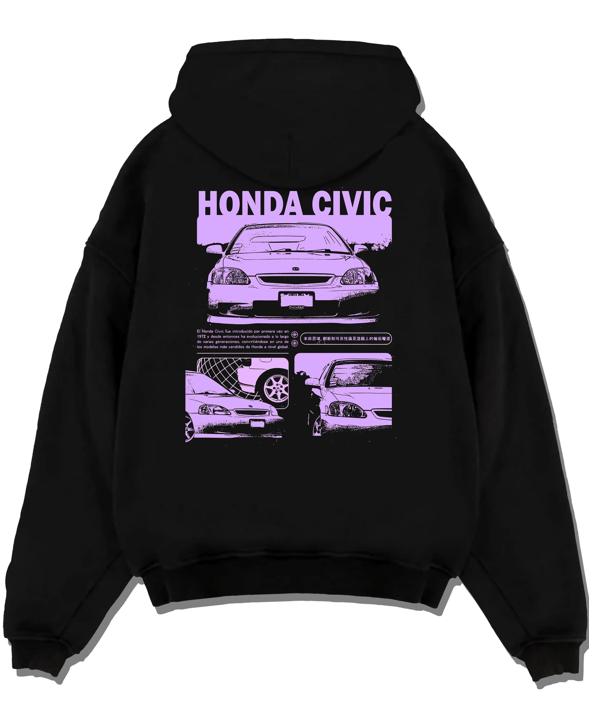 Black pullover hoodie laid flat on a white background, featuring Honda Prelude rs race motorsport street retro vintage graphic.