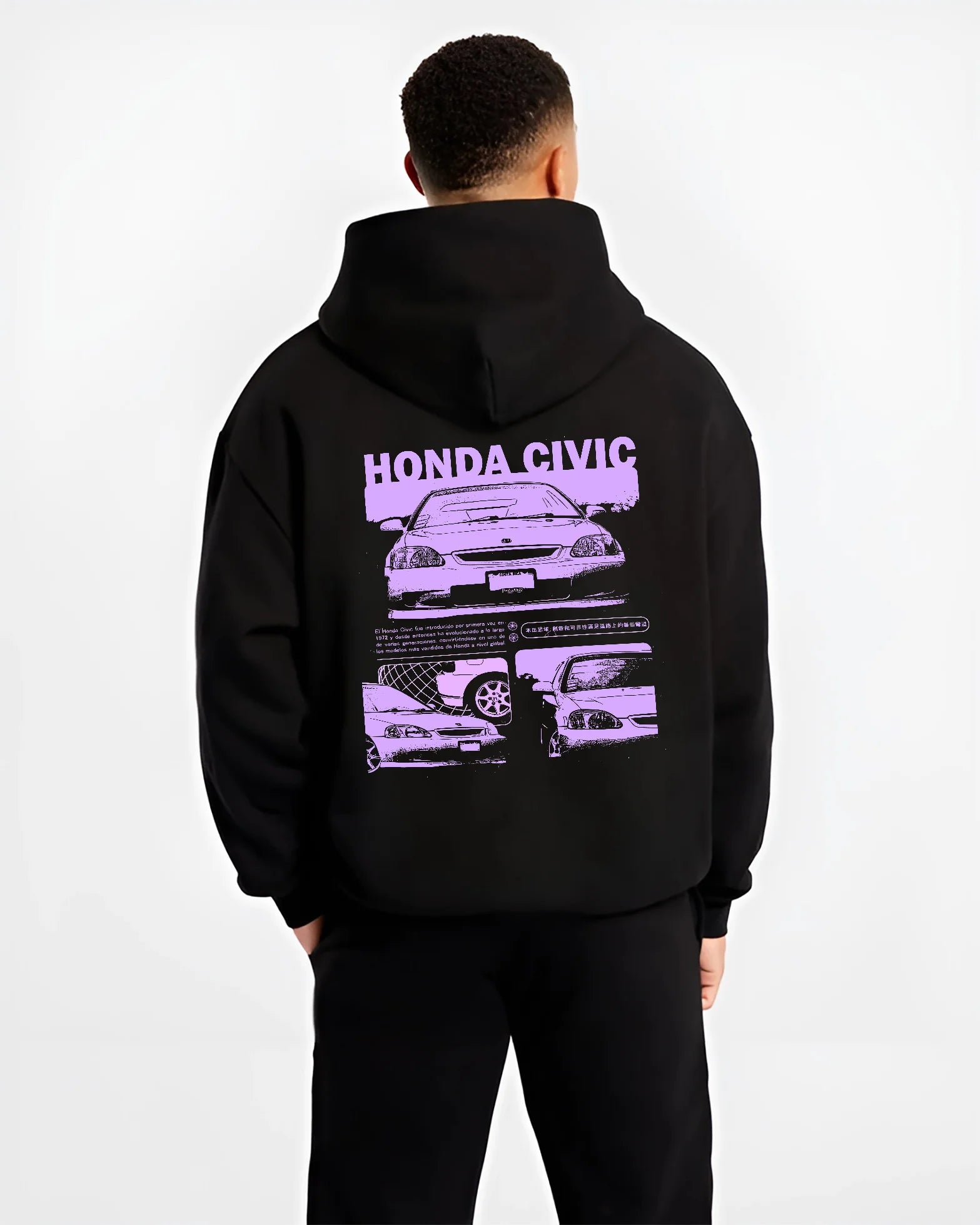 Black hoodie worn by a male model, back view, featuring Honda Prelude rs race motorsport street retro vintage graphic.