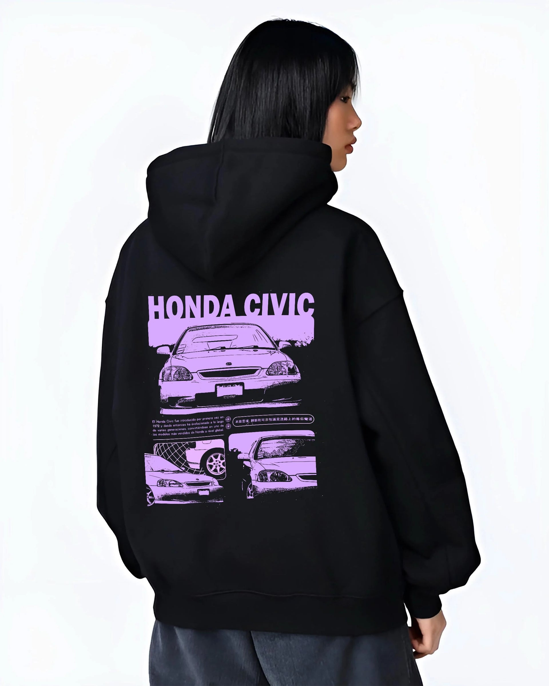 Black hoodie worn by a female model, back view, featuring Honda Prelude rs race motorsport street retro vintage graphic.