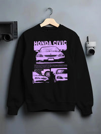 Black crewneck sweatshirt on a hanger against a grey wall, featuring Honda Prelude rs race motorsport street retro vintage graphic.