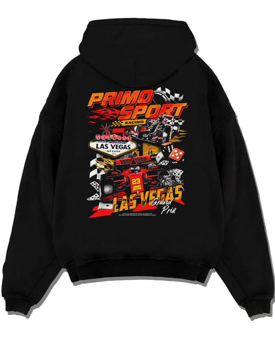 Black pullover hoodie laid flat on a white background, featuring STI rs street racing performance motorsport automotive graphic.