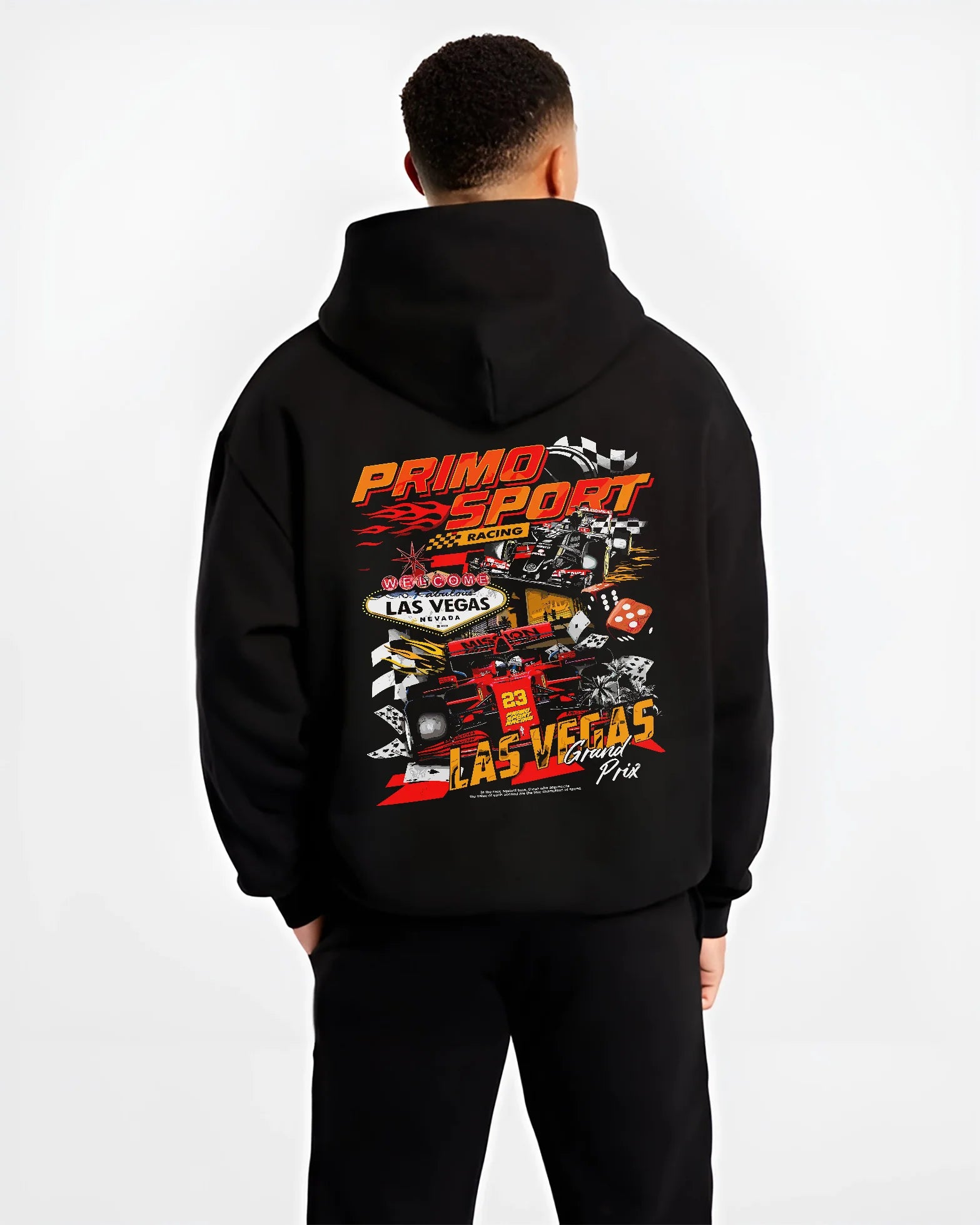 Black hoodie worn by a male model, back view, featuring STI rs street racing performance motorsport automotive enthusiast graphic.