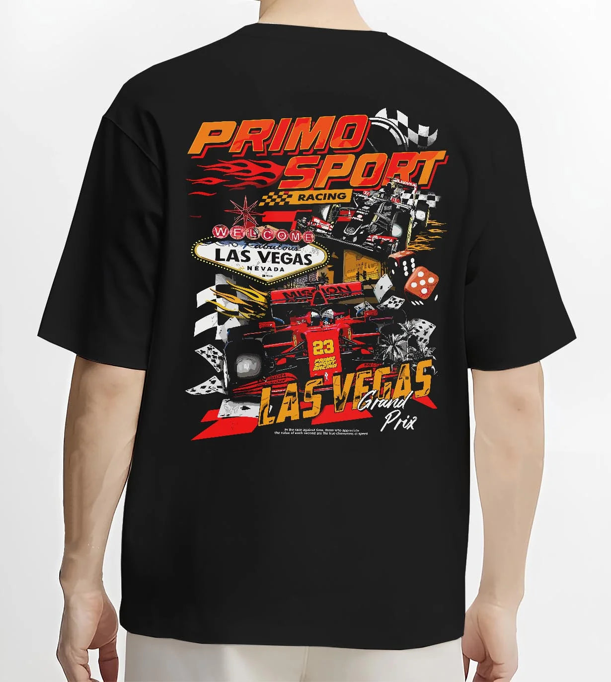 Black T-shirt worn by a male model, back view, featuring STI rs street racing performance motorsport automotive enthusiast graphic.