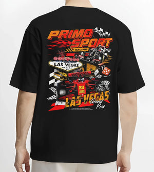 Black T-shirt worn by a male model, back view, featuring STI rs street racing performance motorsport automotive enthusiast graphic.