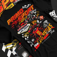 Black T-shirt laid flat with natural fabric folds, featuring STI rs street racing performance motorsport automotive graphic.