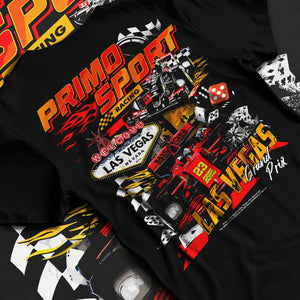 Black T-shirt laid flat with natural fabric folds, featuring STI rs street racing performance motorsport automotive graphic.