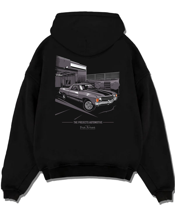 Black pullover hoodie laid flat on a white background, featuring CHEVROLET muscle retro classic enthusiast racing street graphic.