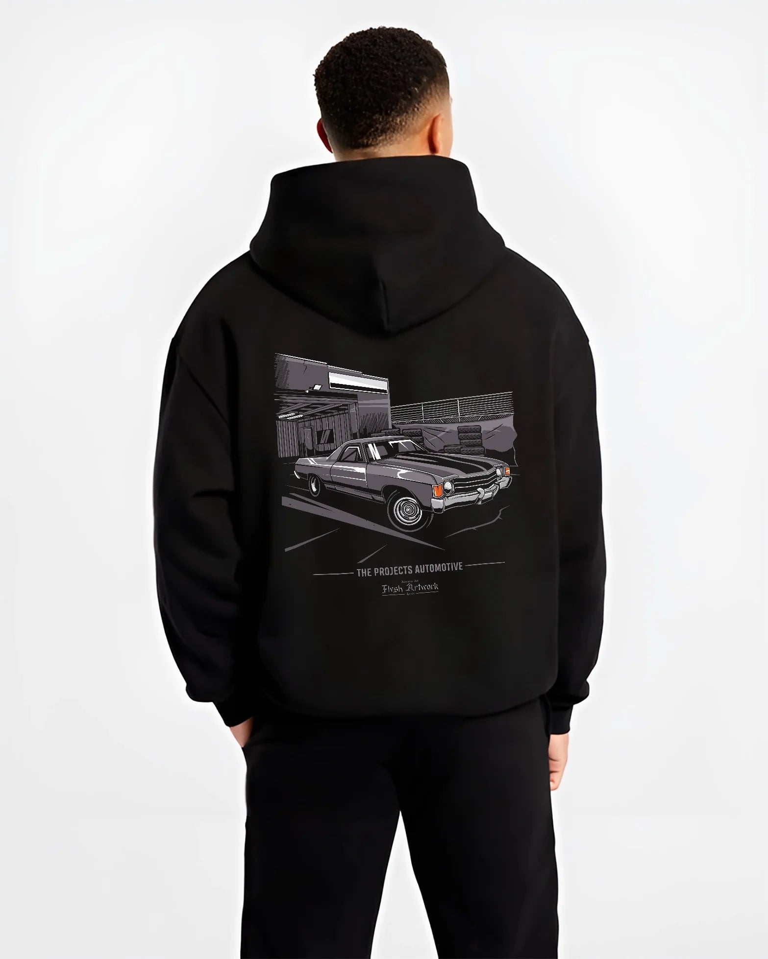 Black hoodie worn by a male model, back view, featuring CHEVROLET muscle retro classic enthusiast racing street performance graphic.