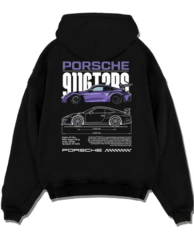 Black pullover hoodie laid flat on a white background, featuring Porsche Taycan rs turbo turbocharged racing german tuner graphic.