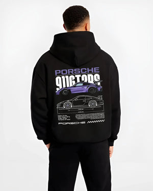 Black hoodie worn by a male model, back view, featuring Porsche Taycan rs turbo turbocharged racing german tuner street graphic.