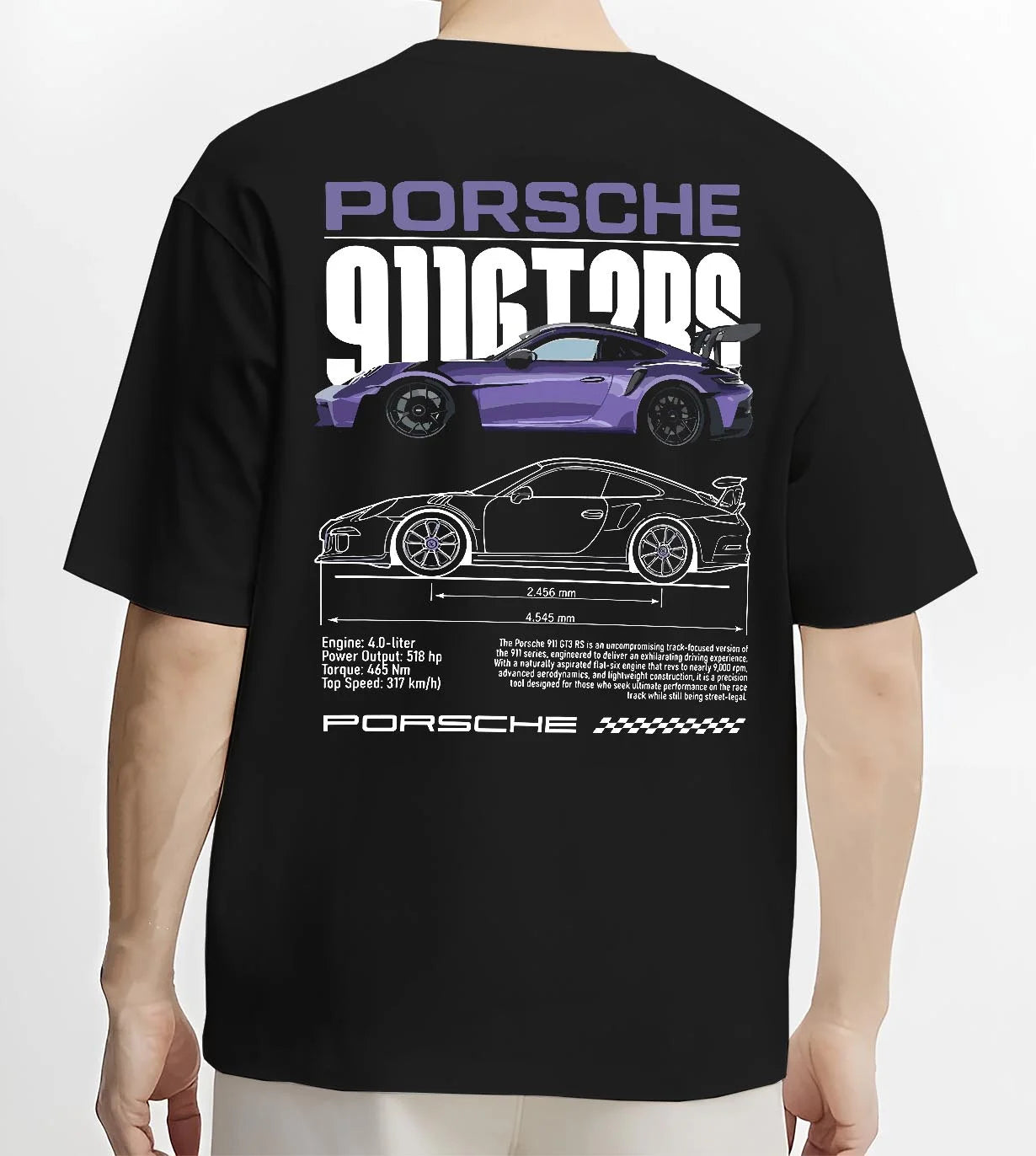 Black T-shirt worn by a male model, back view, featuring Porsche Taycan rs turbo turbocharged racing german tuner street graphic.