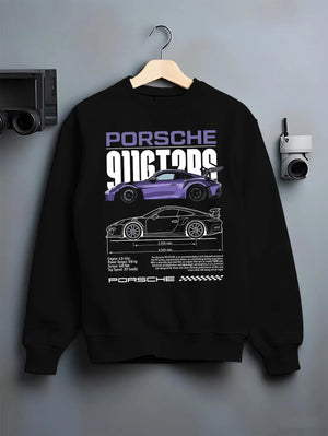 Black crewneck sweatshirt on a hanger against a grey wall, featuring Porsche Taycan rs turbo turbocharged racing german graphic.