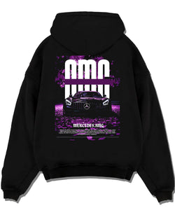 Black pullover hoodie laid flat on a white background, featuring Mercedes-Benz AMG racing street enthusiast performance graphic.