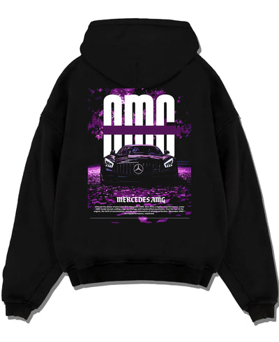 Black pullover hoodie laid flat on a white background, featuring Mercedes-Benz AMG racing street enthusiast performance graphic.