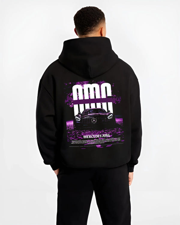 Black hoodie worn by a male model, back view, featuring Mercedes-Benz AMG racing street enthusiast performance motorsport graphic.