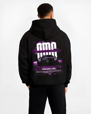 Black hoodie worn by a male model, back view, featuring Mercedes-Benz AMG racing street enthusiast performance motorsport graphic.