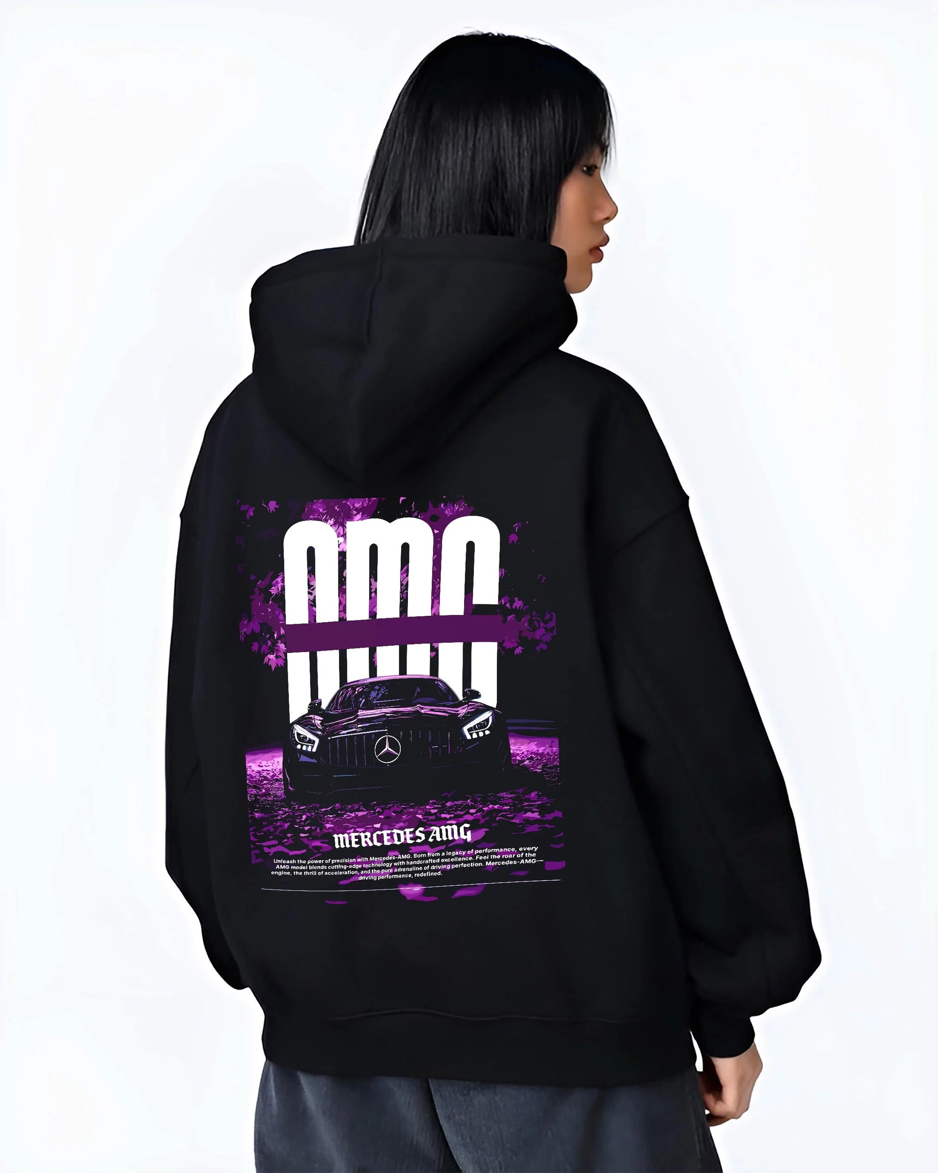 Black hoodie worn by a female model, back view, featuring Mercedes-Benz AMG racing street enthusiast performance motorsport graphic.