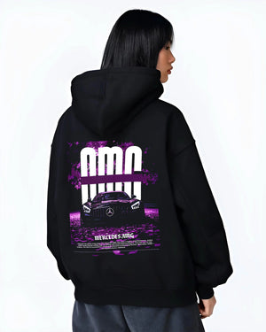Black hoodie worn by a female model, back view, featuring Mercedes-Benz AMG racing street enthusiast performance motorsport graphic.