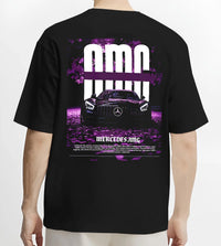 Black T-shirt worn by a male model, back view, featuring Mercedes-Benz AMG racing street enthusiast performance motorsport graphic.