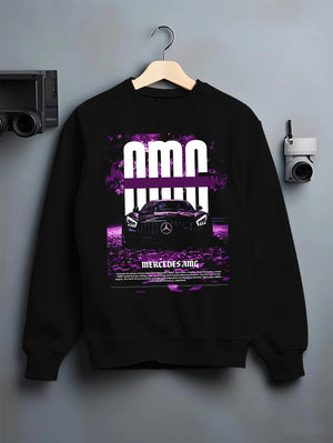 Black crewneck sweatshirt on a hanger against a grey wall, featuring Mercedes-Benz AMG racing street enthusiast performance graphic.