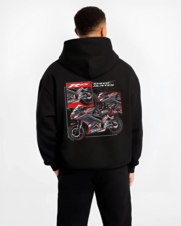 Black hoodie worn by a male model, back view, featuring Yamaha R1 racing street speed performance motorsport automotive graphic.