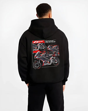 Black hoodie worn by a male model, back view, featuring Yamaha R1 racing street speed performance motorsport automotive graphic.