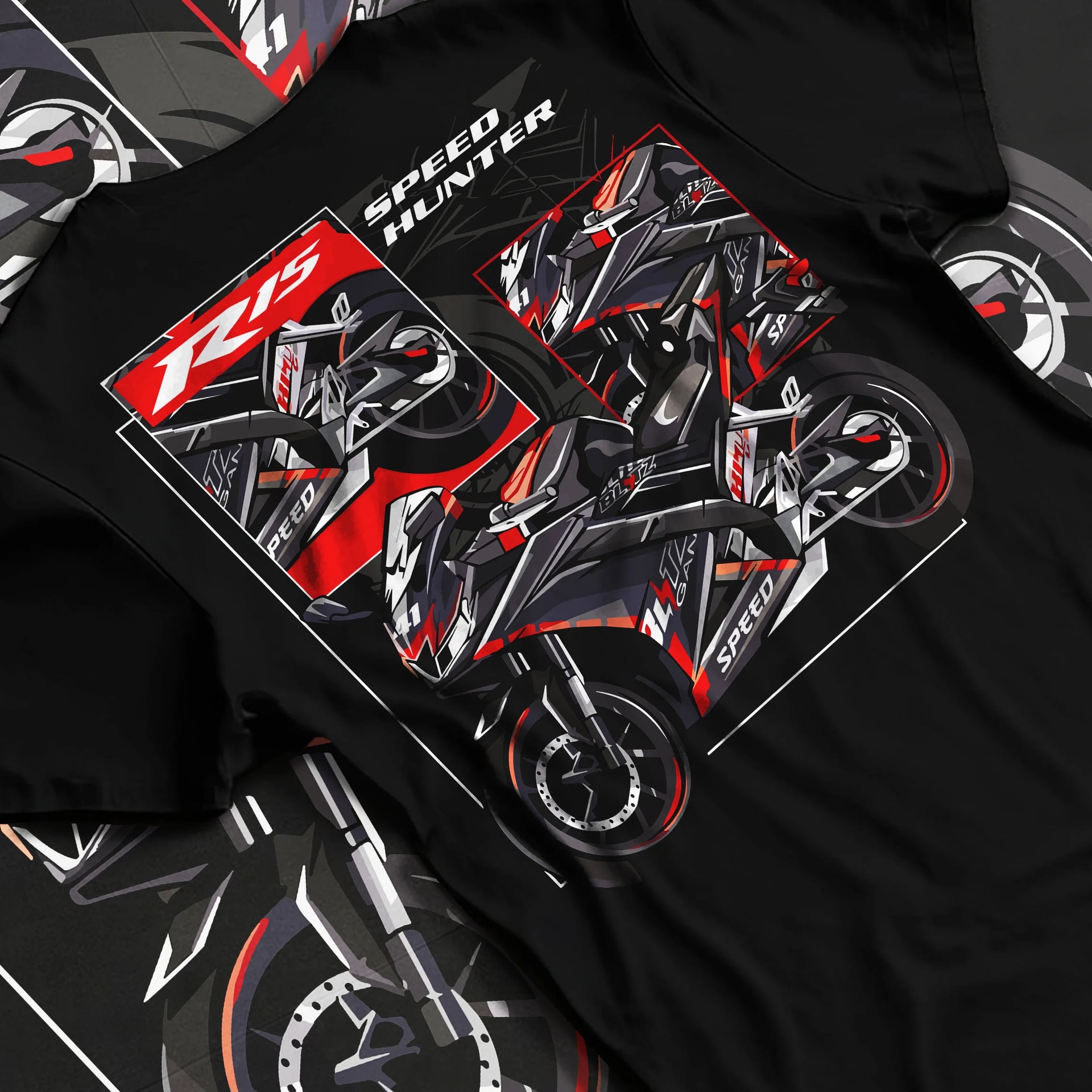 Black T-shirt laid flat with natural fabric folds, featuring Yamaha R1 racing street speed performance motorsport graphic.