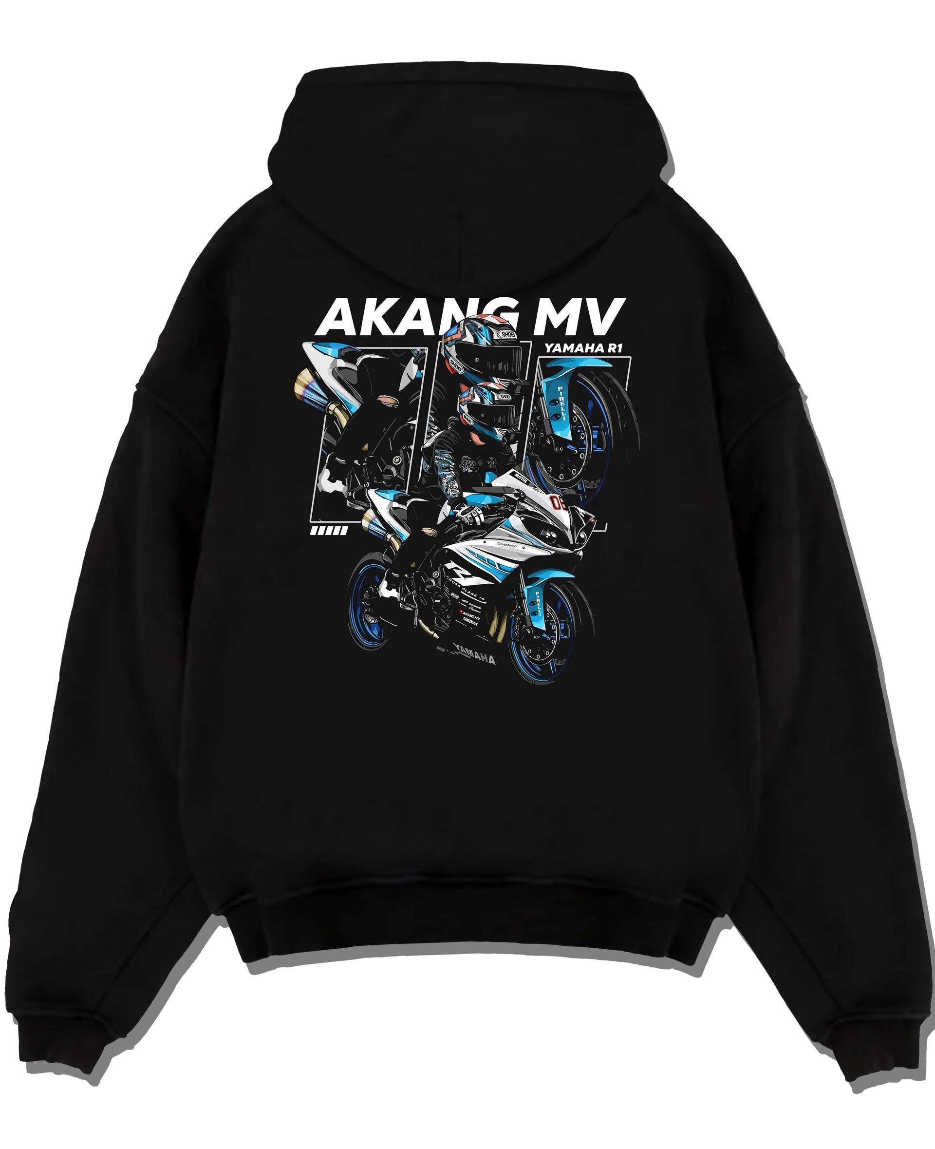 Black pullover hoodie laid flat on a white background, featuring Yamaha R1 rs racing track street enthusiast performance graphic.