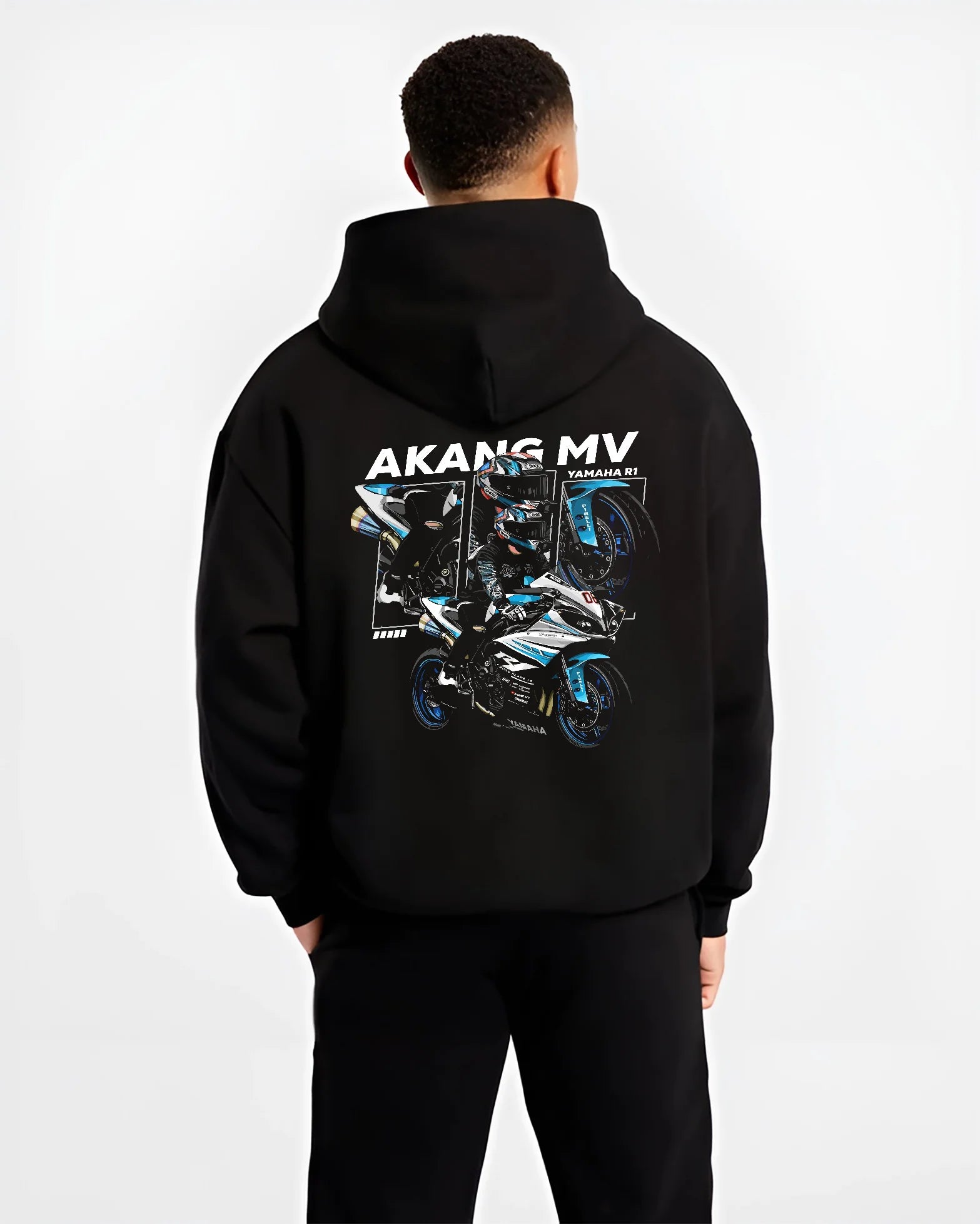 Black hoodie worn by a male model, back view, featuring Yamaha R1 rs racing track street enthusiast performance graphic.