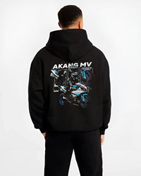 Black hoodie worn by a male model, back view, featuring Yamaha R1 rs racing track street enthusiast performance graphic.