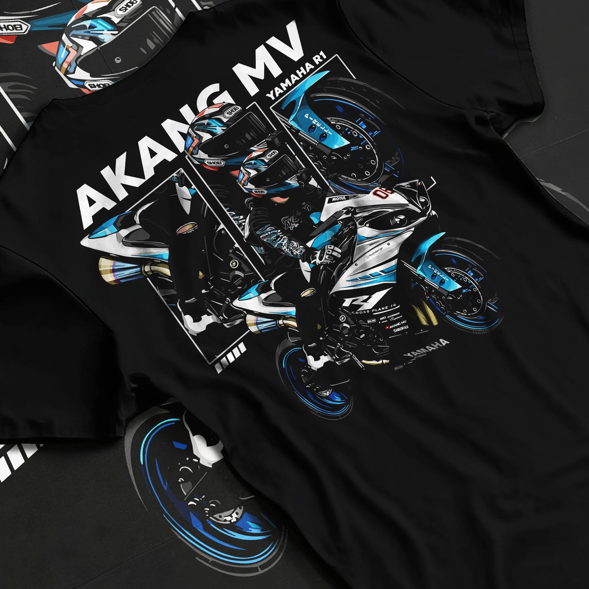 Black T-shirt laid flat with natural fabric folds, featuring Yamaha R1 rs racing track street enthusiast performance graphic.
