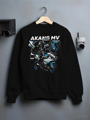 Black crewneck sweatshirt on a hanger against a grey wall, featuring Yamaha R1 rs racing track street enthusiast graphic.