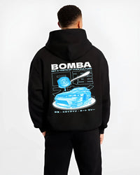 Black hoodie worn by a male model, back view, featuring Nissan Skyline R33 r33 skyline turbo turbocharged racing drift jdm graphic.