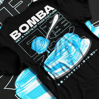 Black T-shirt laid flat with natural fabric folds, featuring Nissan Skyline R33 r33 skyline turbo turbocharged racing drift graphic.