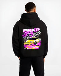 Black hoodie worn by a male model, back view, featuring Nissan Skyline R34 gt r r34 skyline racing drift jdm japanese tuner graphic.