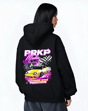 Black hoodie worn by a female model, back view, featuring Nissan Skyline R34 gt r r34 skyline racing drift jdm japanese graphic.